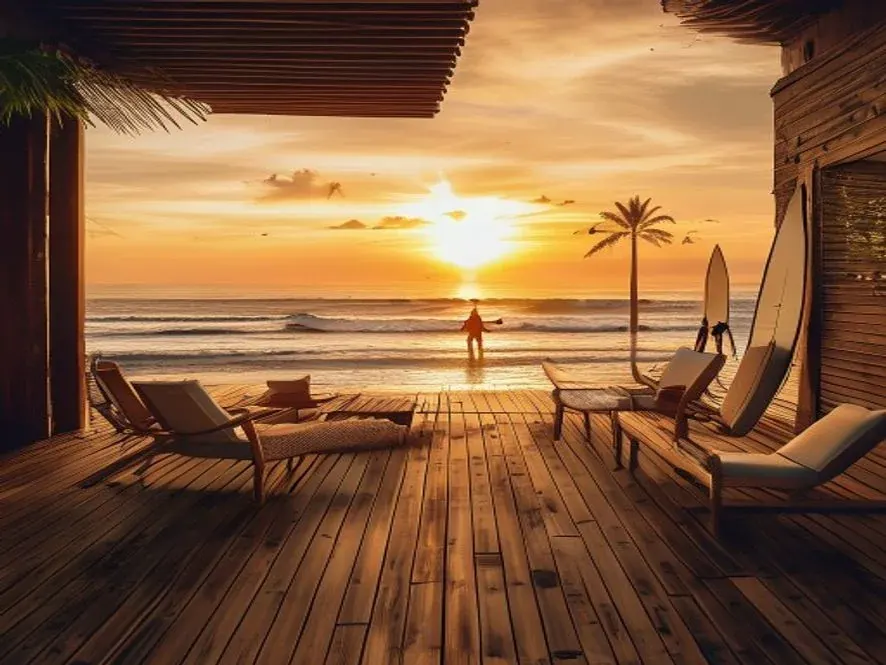 Canggu beach club at sunset with surfboards, deck chairs, and palm silhouettes facing the ocean