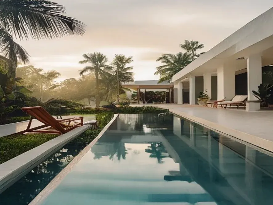 Nusa Dua resort villa compound with infinity pool and manicured tropical landscape at early morning