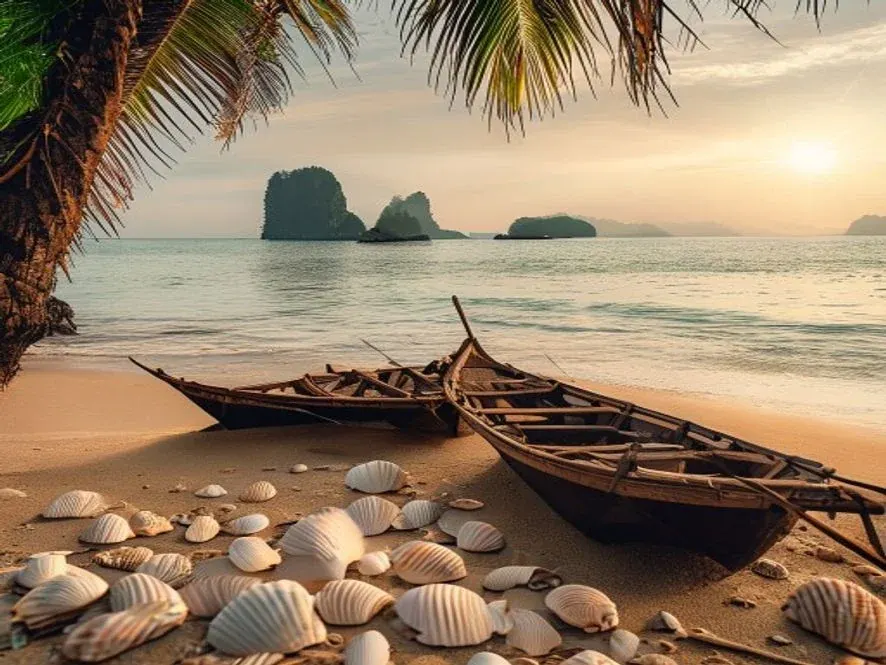 Sanur beachfront at early morning with traditional jukung outrigger boats on golden sand