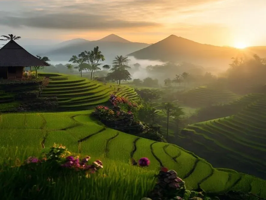 Ubud rice terraces at golden hour with a traditional hut, distant volcano, and morning mist