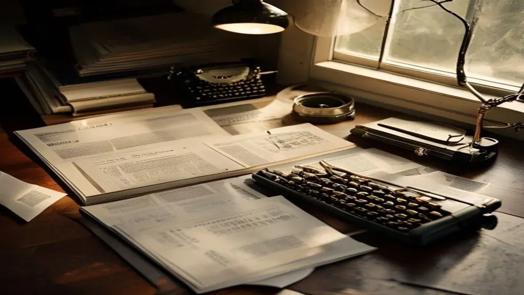Editorial overhead view of a typographer's desk: printed magazine proofs with serif headlines, brass architect's ruler, stacked quarterly reports, brass desk lamp casting warm light
