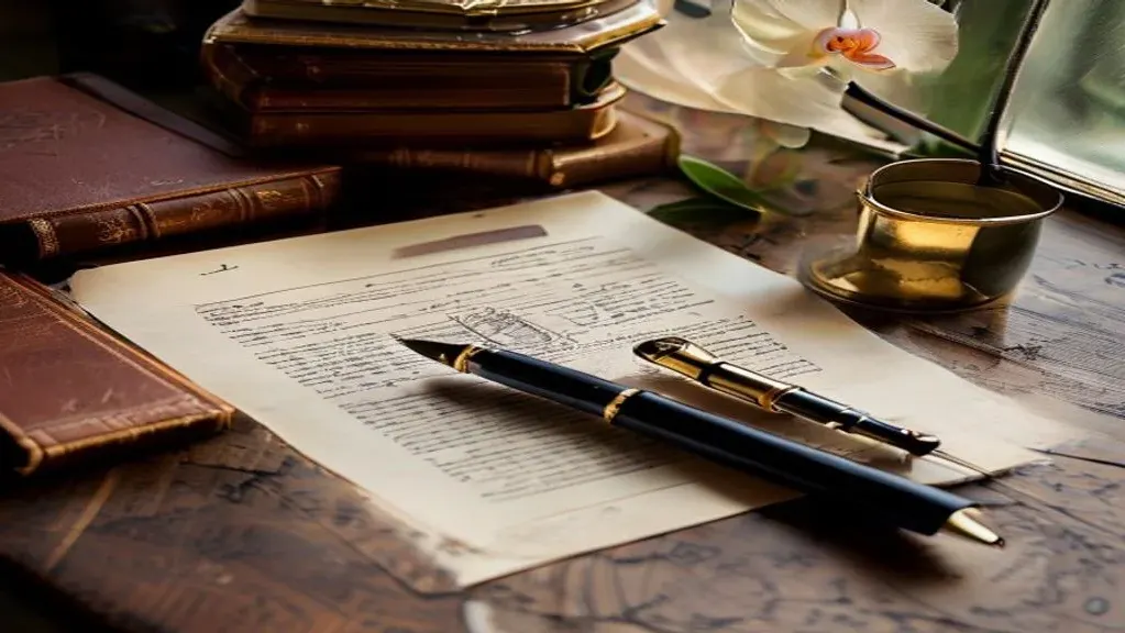 Editorial top-down view of a legal due-diligence workspace: Indonesian land certificate with stamp, fountain pen, leather legal volumes, small orchid in warm afternoon light