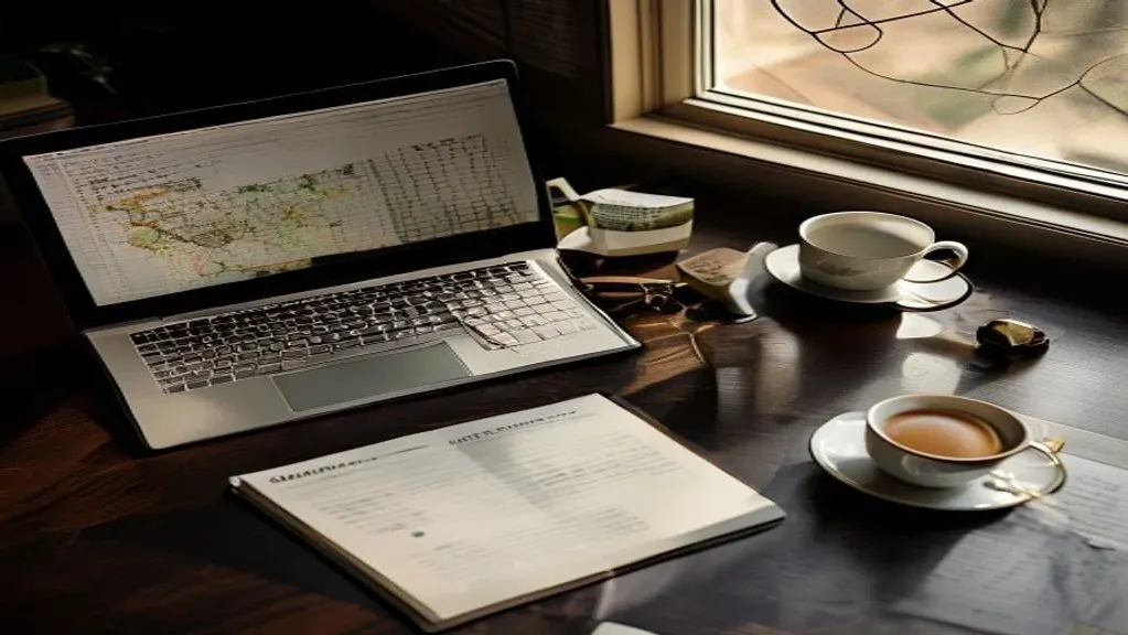 Editorial overhead view of a market researcher's desk: laptop with a dim Bali map on screen, notebook with handwritten data columns, reading glasses and coffee cup in warm morning light