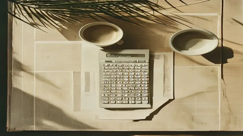 Editorial still life with a Bali villa floor plan, calculator, and coffee cup illustrating Bali villa prices in 2026 for foreign buyers