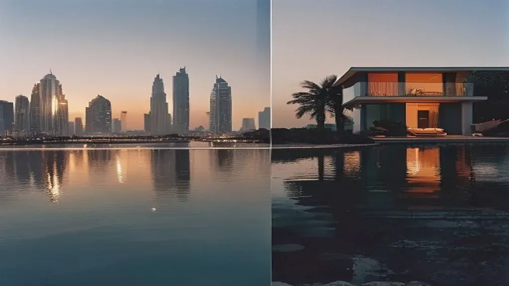 Dubai marina skyline at dusk beside a Nusa Dua clifftop villa, framing the bali vs dubai property investment 2026 decision