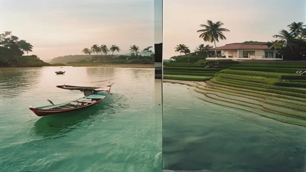 Phuket beachfront condo tower beside a Bali rice-terrace villa at sunrise, framing the bali vs thailand property investment 2026 decision