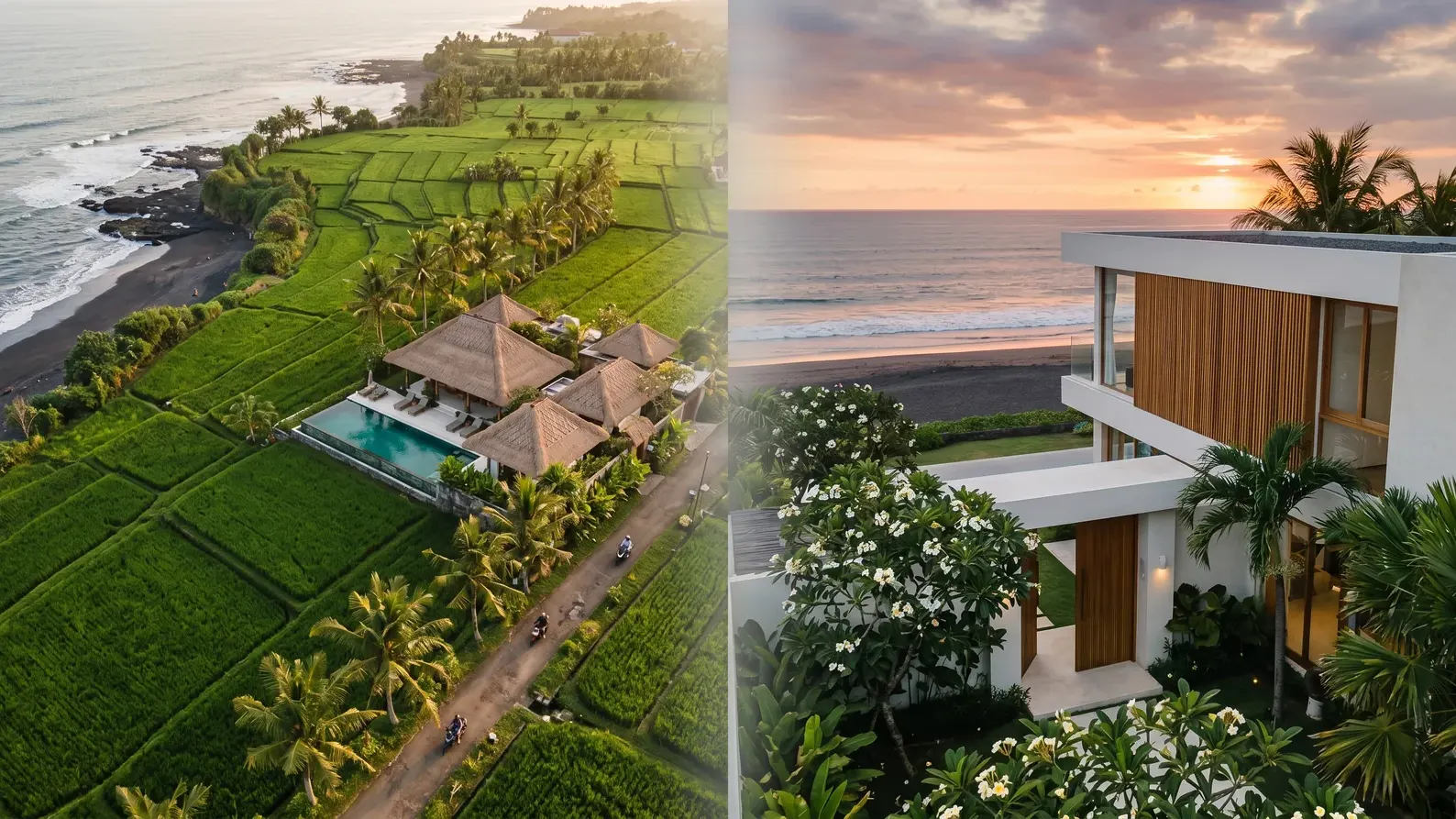 Split editorial composition of a Canggu rice-paddy villa and a Seminyak beachfront residence at golden hour, illustrating canggu vs seminyak property investment 2026
