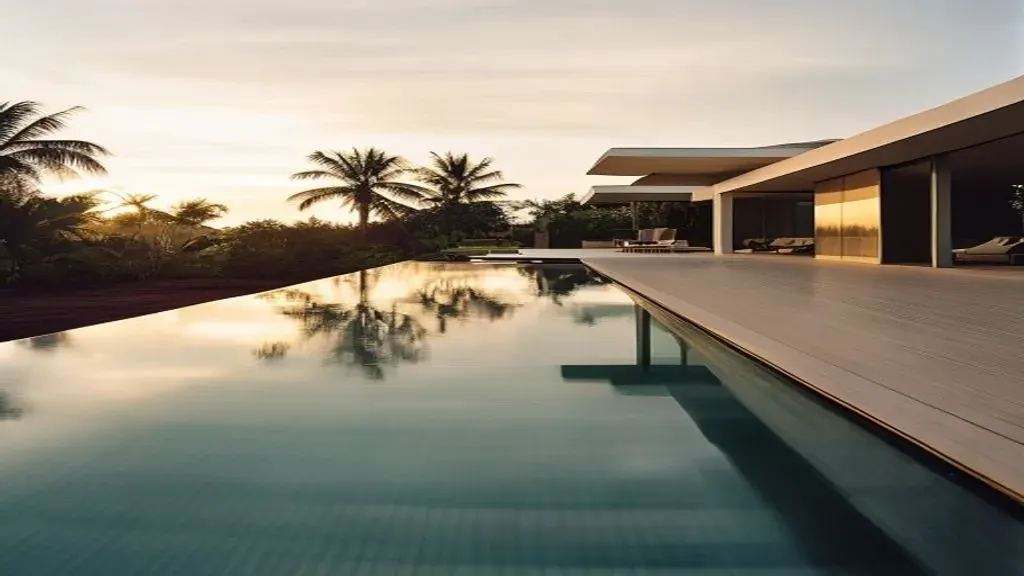 Architectural shot of a modern Nusa Dua villa with pool from an elevated angle at golden hour, illustrating the bali investor shortlist nusa dua focus