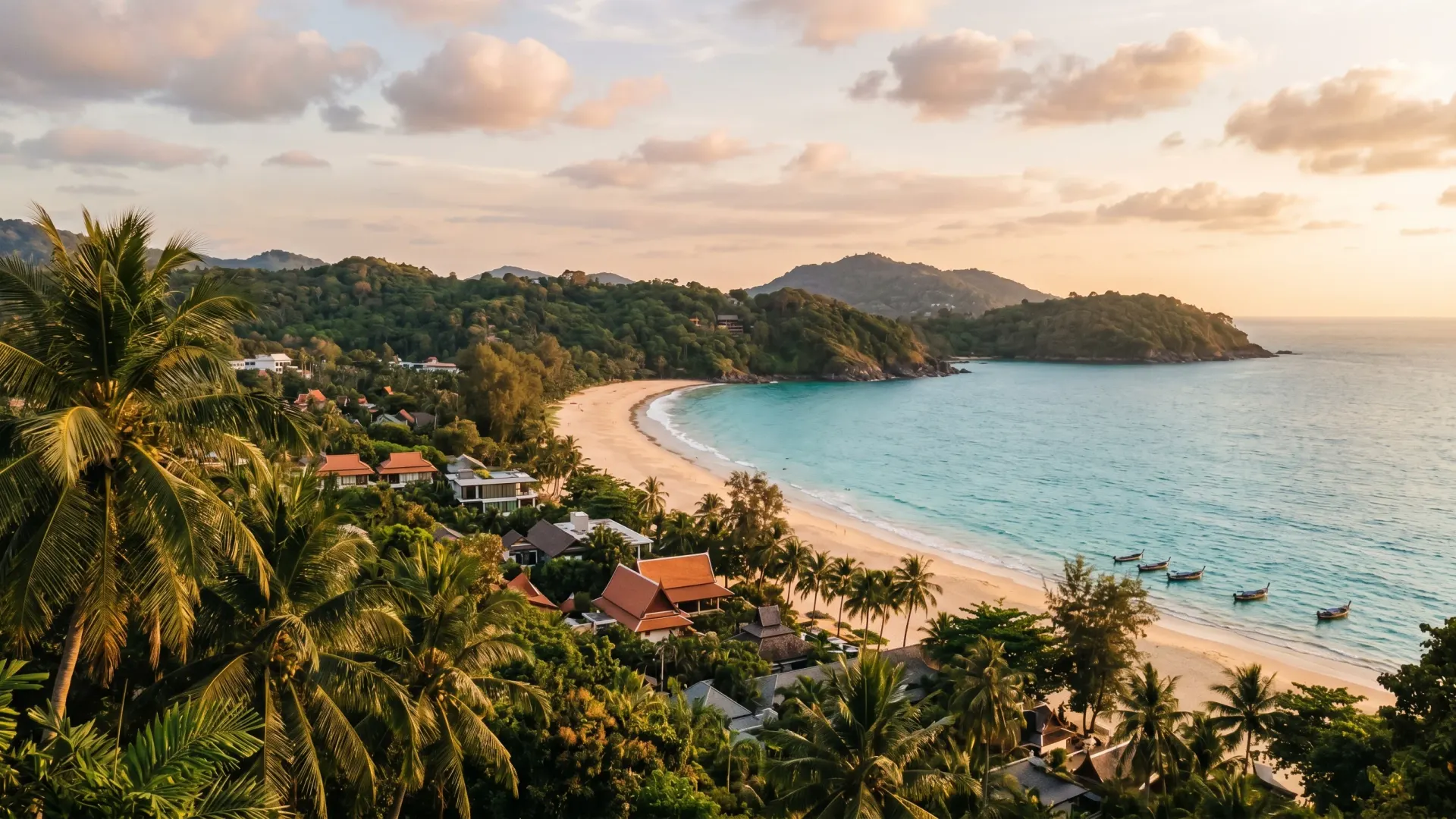 Editorial photograph of Kata Beach Phuket at golden hour with palm trees and gentle Andaman Sea surf, the mid-tier resort corridor where a kata phuket villa balances yield and premium positioning