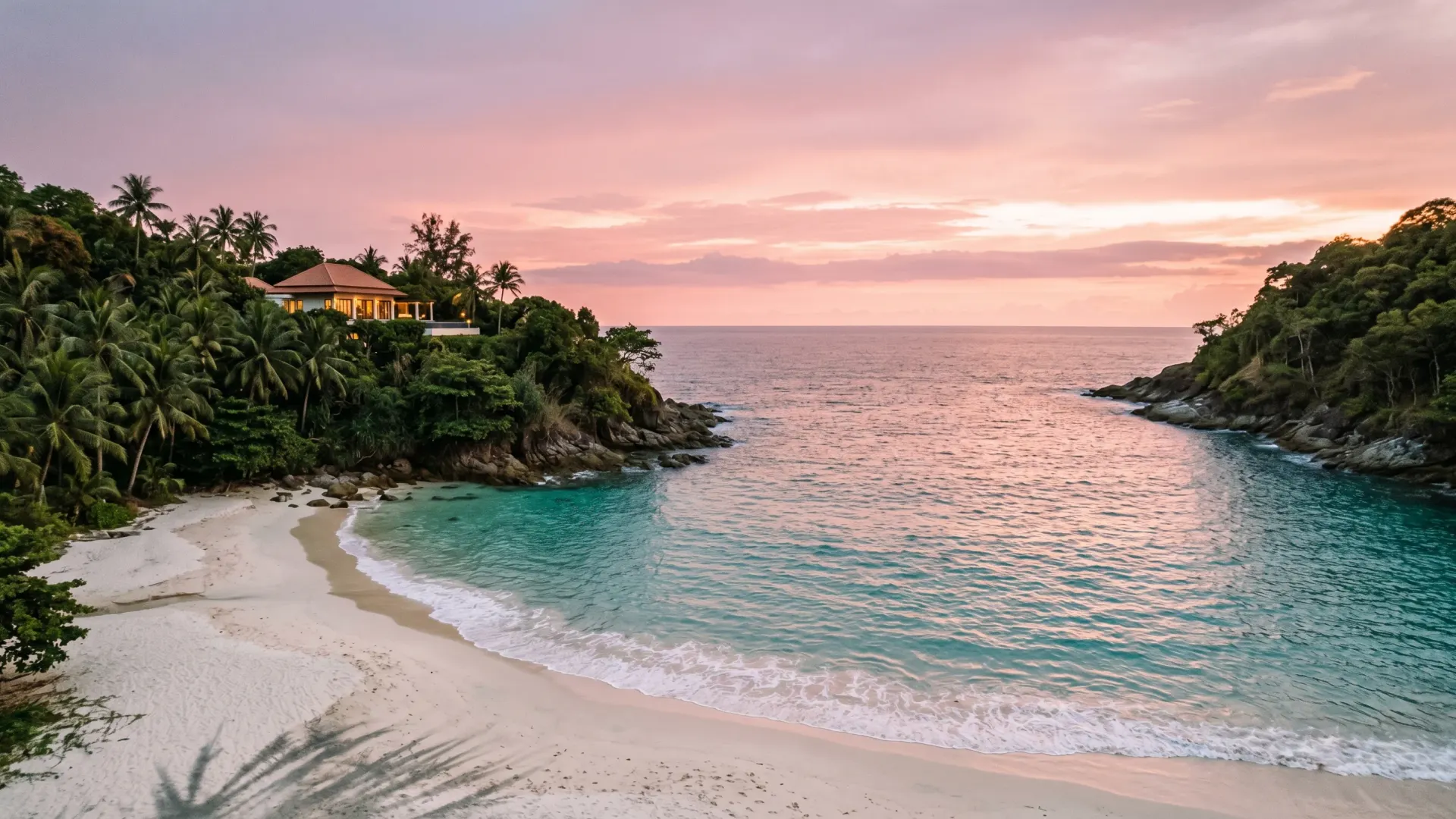 Editorial photograph of Layan Beach Phuket at sunset with the Andaman Sea and a clifftop villa visible, the premium scarcity corridor where a layan phuket villa trades on hold value