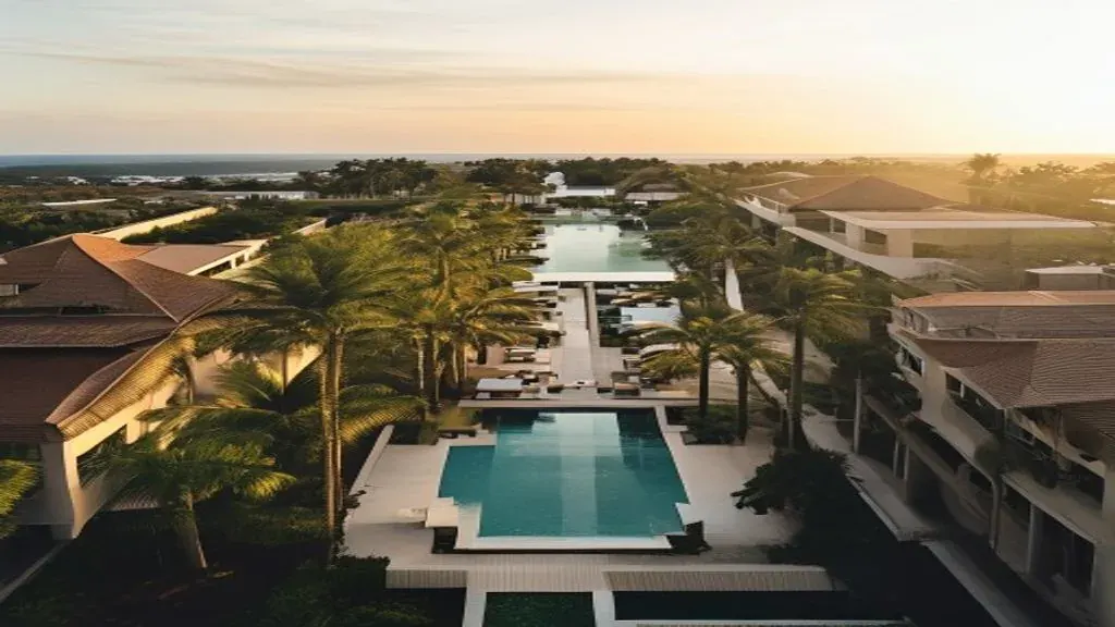 Modern Nusa Dua villa with pool at golden hour amid manicured resort landscaping, illustrating this nusa dua property investment guide