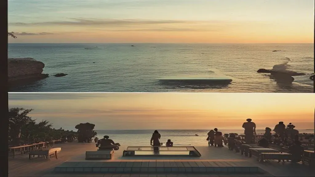 Split view of a quiet Nusa Dua clifftop villa and a busy Canggu beach club at dusk, illustrating nusa dua vs canggu property investment