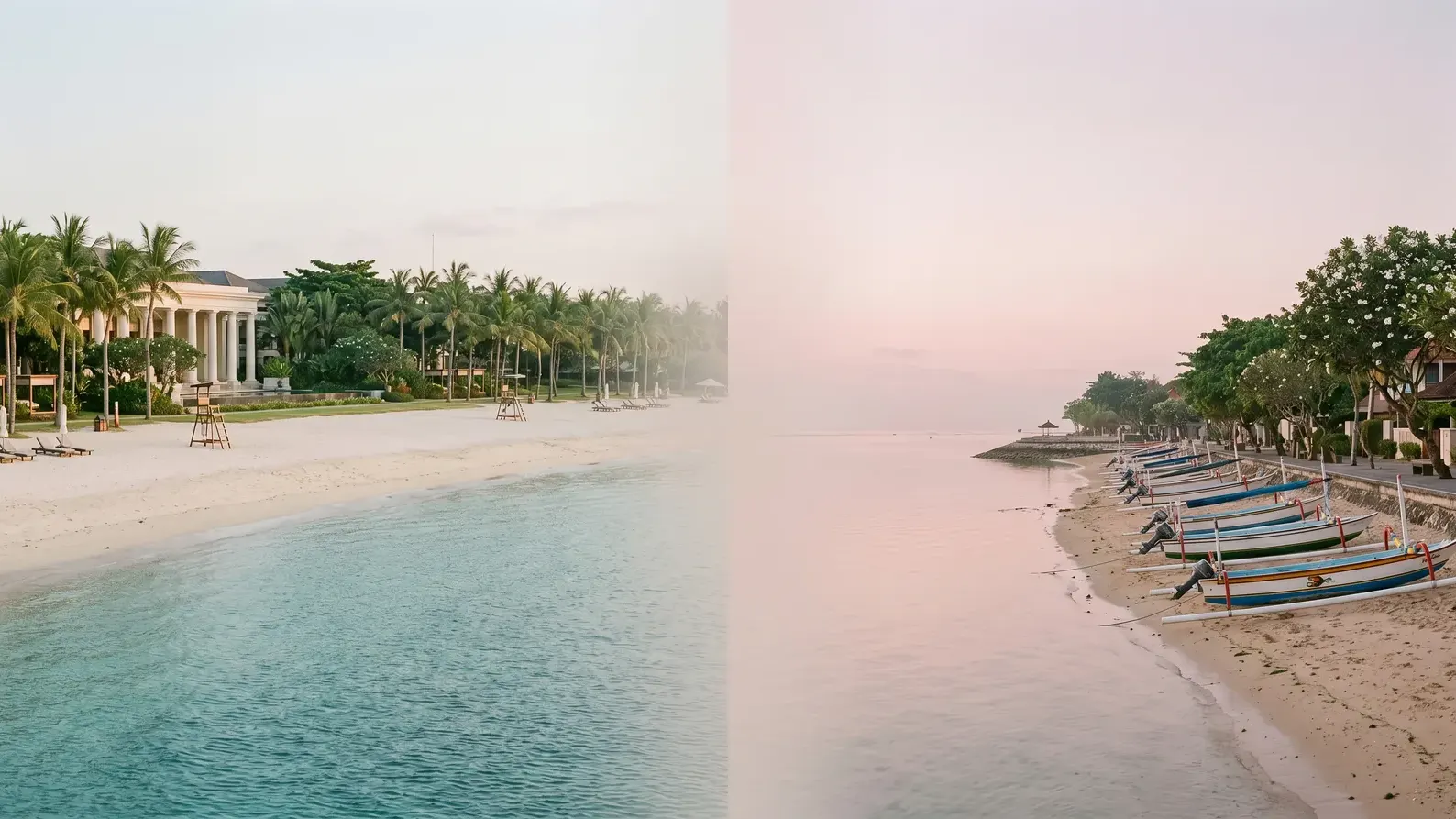 Editorial split composition of a Nusa Dua resort villa at sunset beside a Sanur calm-water beachfront at sunrise, illustrating nusa dua vs sanur property investment 2026