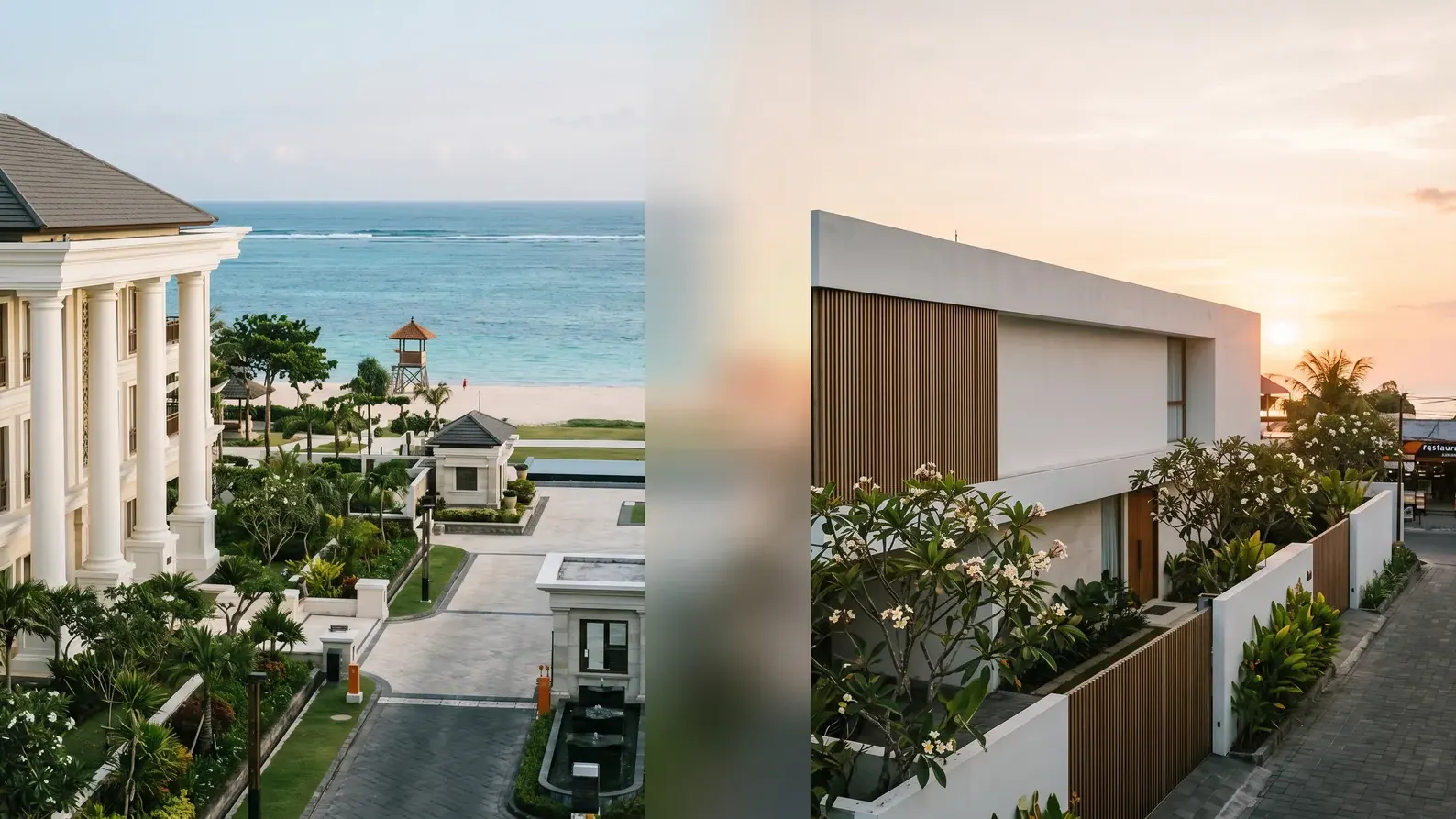 Editorial split composition of a Nusa Dua resort villa beside a Seminyak beachfront facade at golden hour, illustrating nusa dua vs seminyak property investment 2026