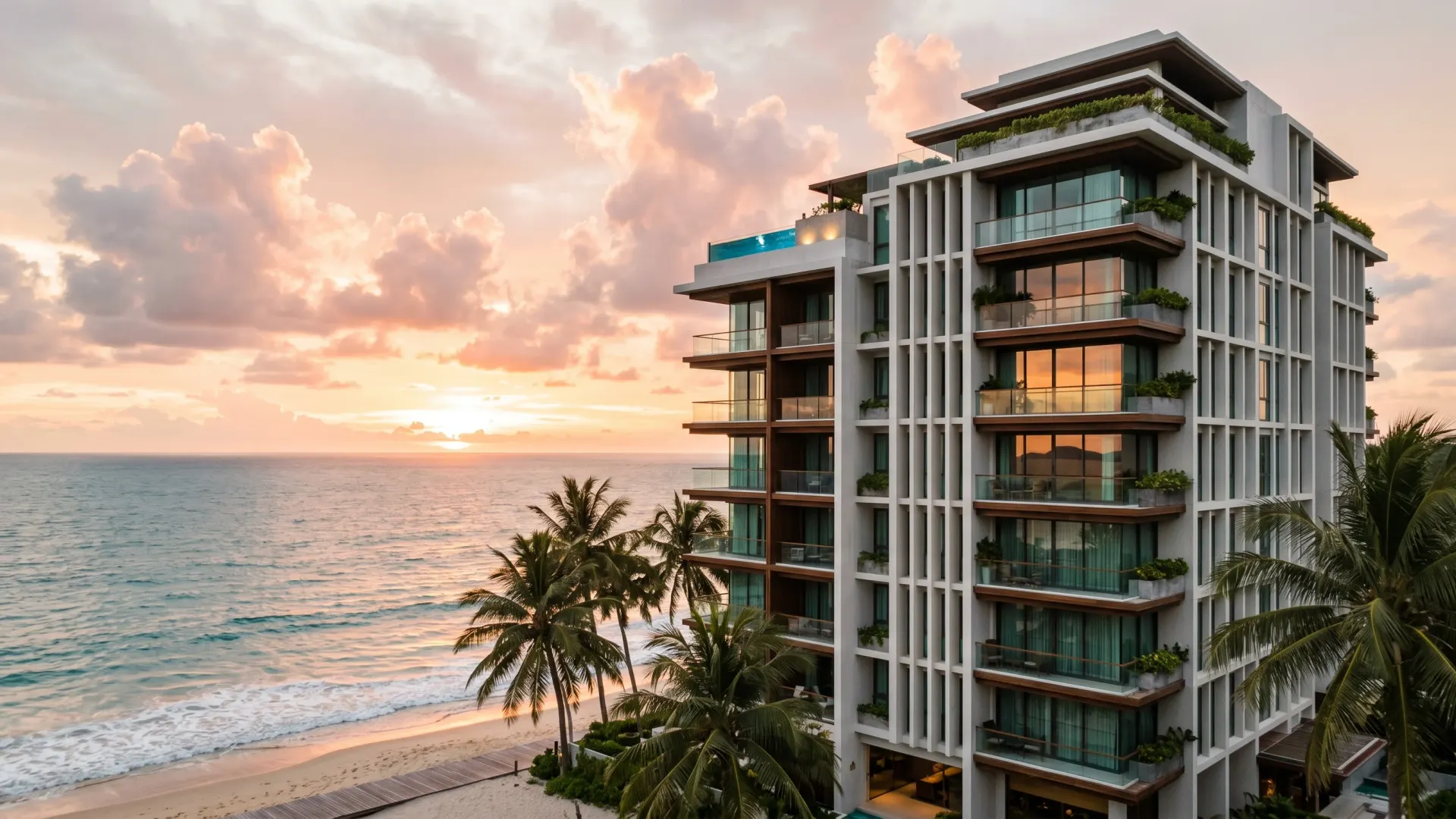 Phuket beachfront condominium tower at golden hour with the Andaman Sea behind, illustrating phuket condo foreign ownership