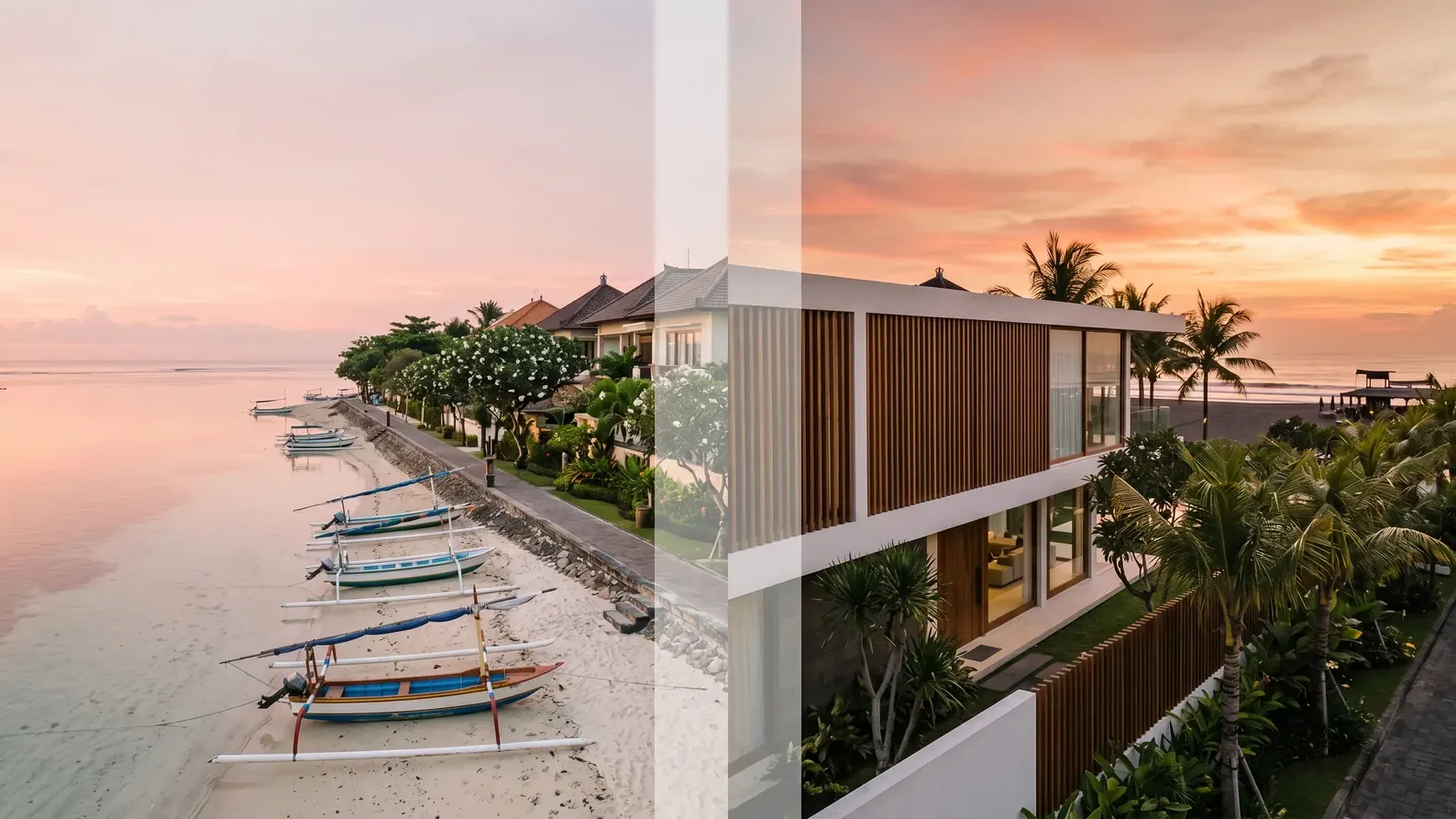 Editorial split composition of a Sanur sunrise beach with calm water beside a Seminyak sunset beach club at golden hour, illustrating sanur vs seminyak property investment 2026