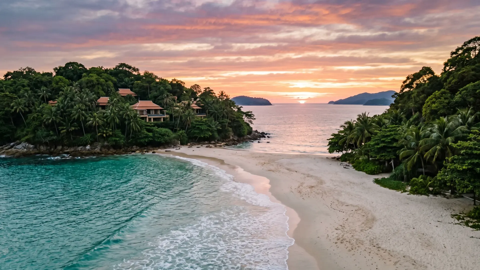 Editorial photograph of a Surin Phuket villa above the beach with cliff backdrop and turquoise water at sunset