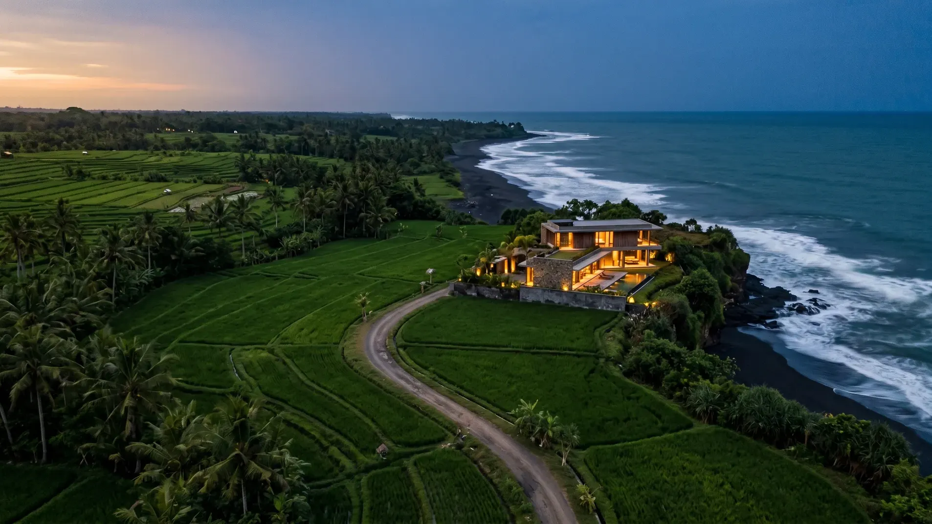 Editorial aerial of the Cemagi black-sand coastline at twilight, modernist villa where paddies meet the ocean edge