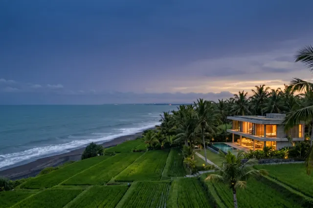 Canggu beach club at sunset with surfboards and palm silhouettes