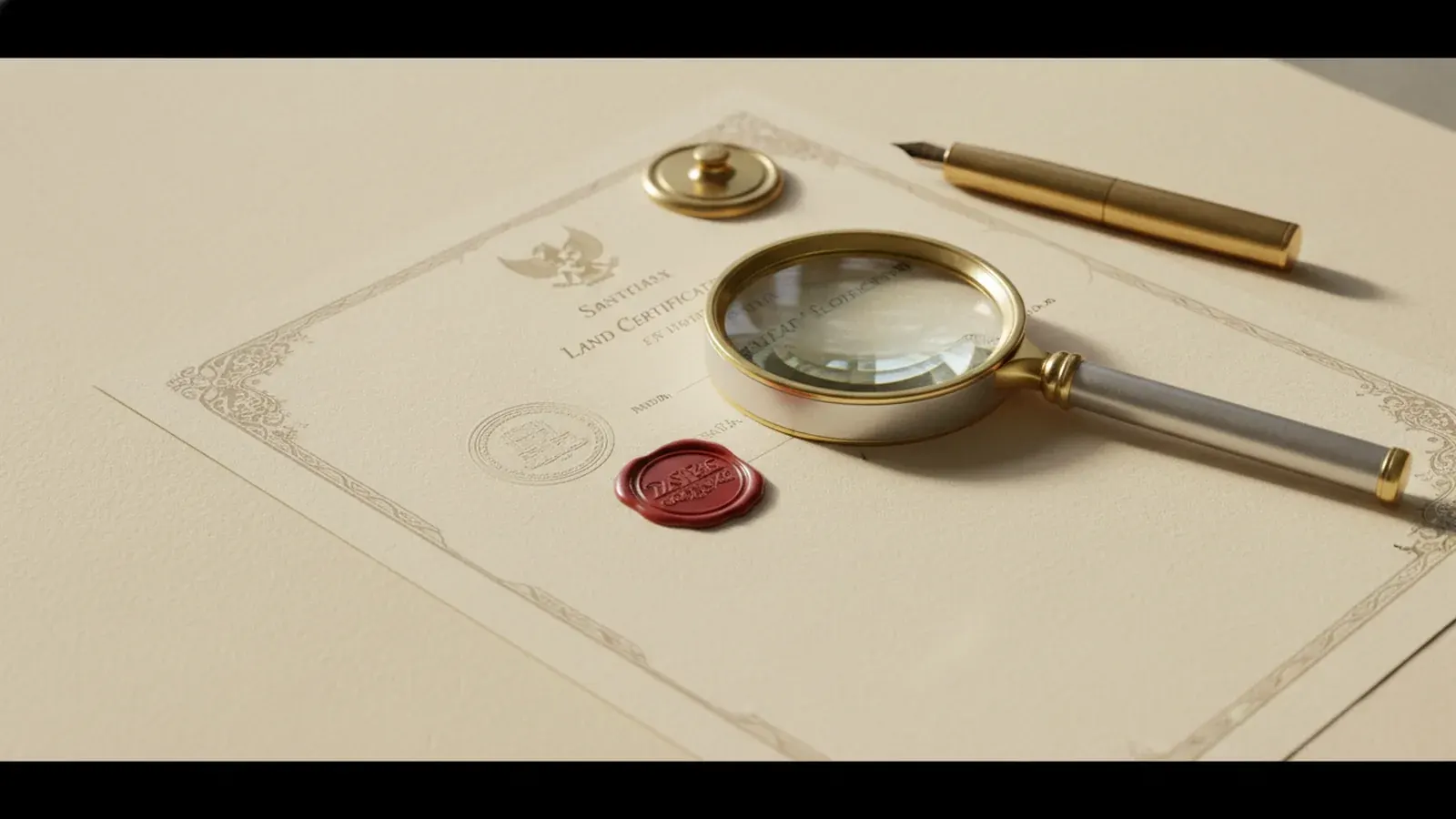 Editorial close-up of a Bali land-certificate document with embossed seal and magnifying glass