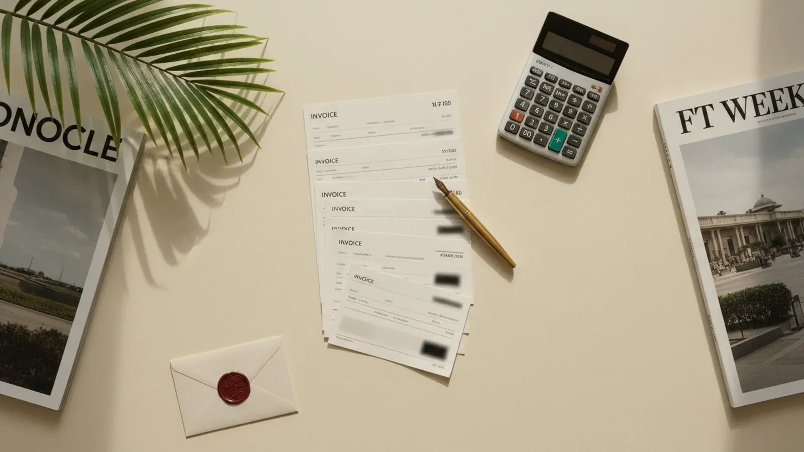 Editorial flat-lay of a stacked Bali notary fee invoices with calculator and wax-sealed envelope