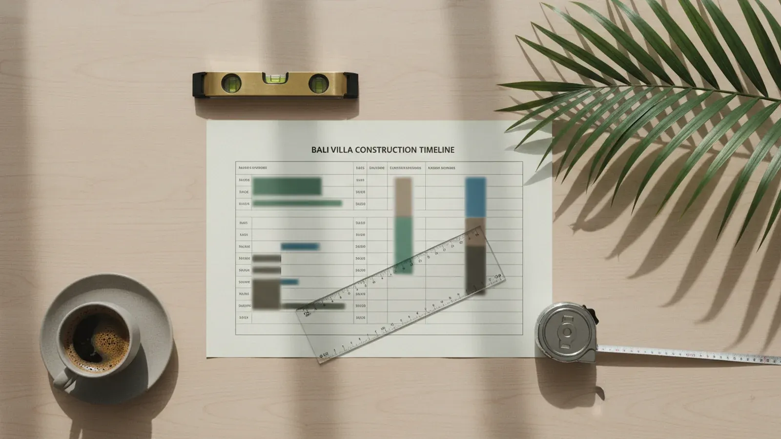 Editorial flat-lay of a Bali villa construction timeline schedule