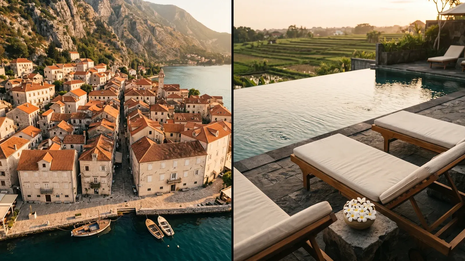 Editorial split-frame: Kotor Bay stone-roof coastal apartments under Mediterranean light beside a Canggu villa pool deck at golden hour, framing the bali vs montenegro property investment 2026 comparison