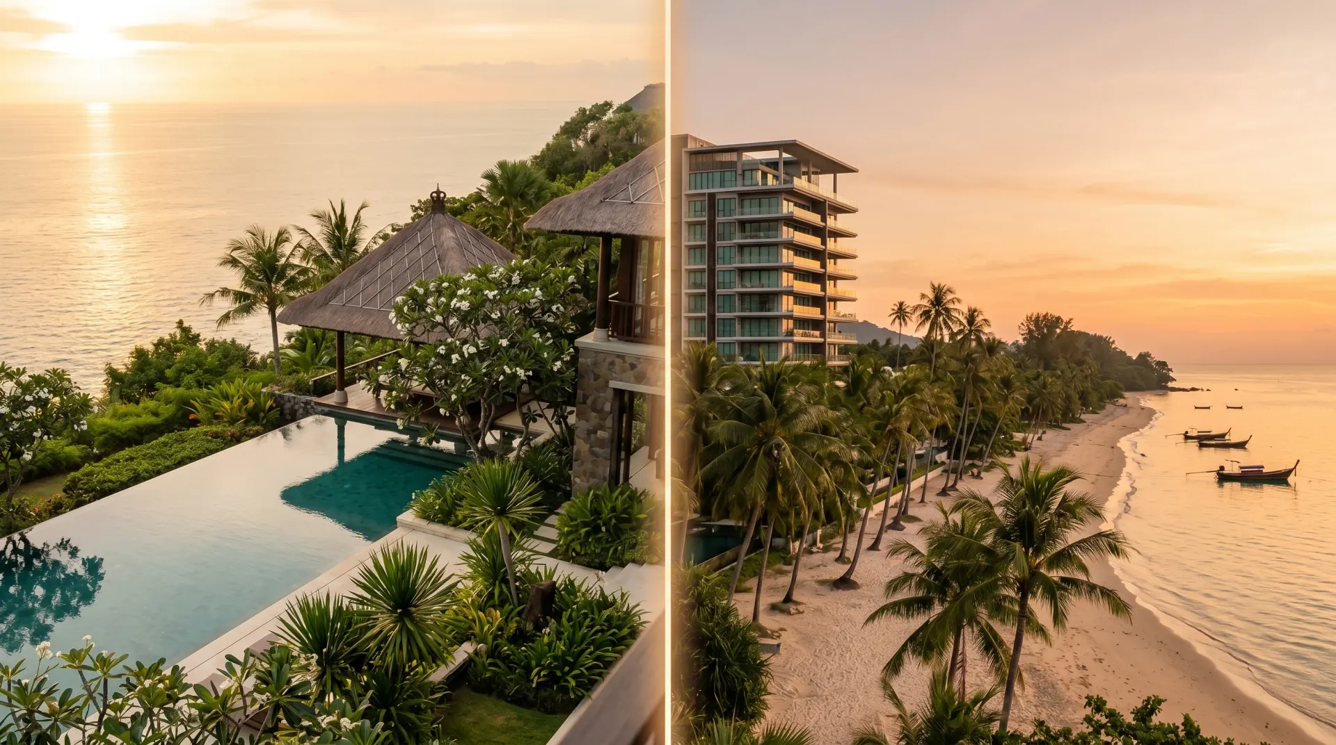 Split editorial composition – Bali clifftop villa with infinity pool on one side, Phuket beachfront condo tower on the other, golden hour