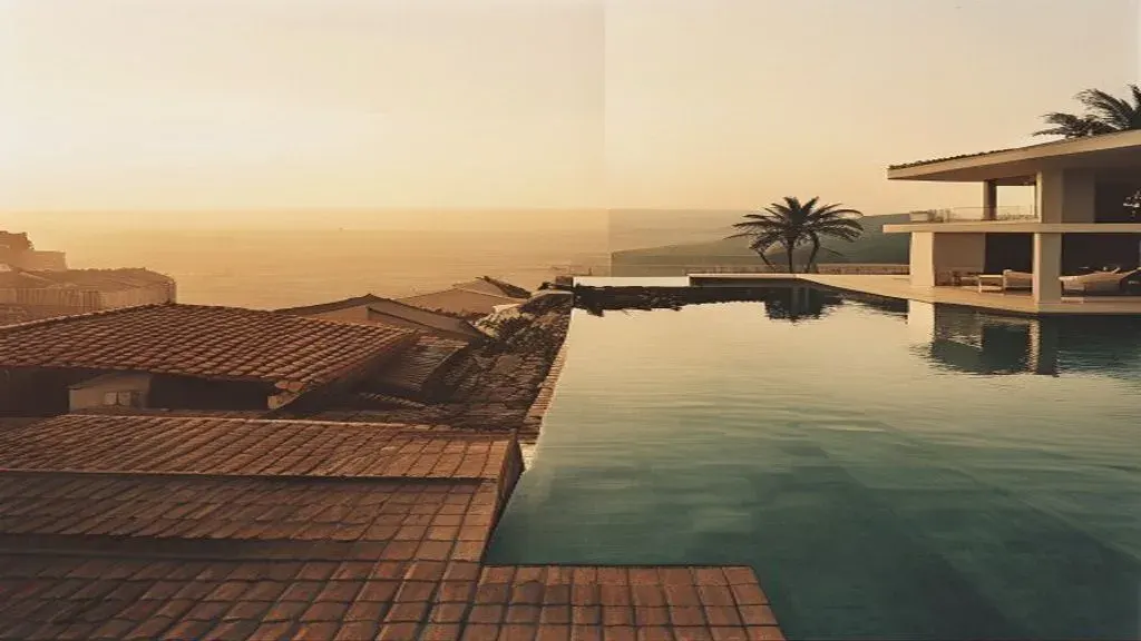 Split composition showing a Portuguese tiled rooftop on the Atlantic coast and a Balinese clifftop villa above the Indian Ocean