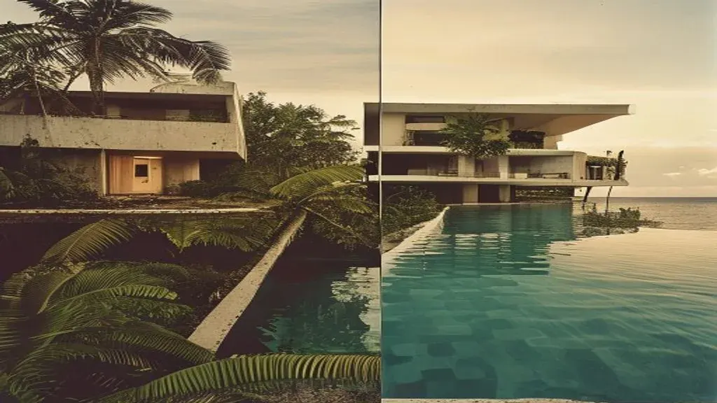 Split composition: Tulum jungle beach with a brutalist concrete villa on the left; Bali clifftop villa with infinity pool on the right, both at golden hour