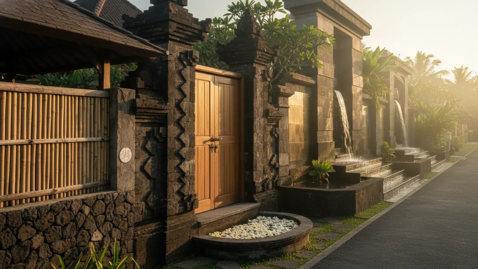 Editorial flat-lay of five Bali villa floor plans and a budget calculator illustrating bali property investment by budget across five capital tiers