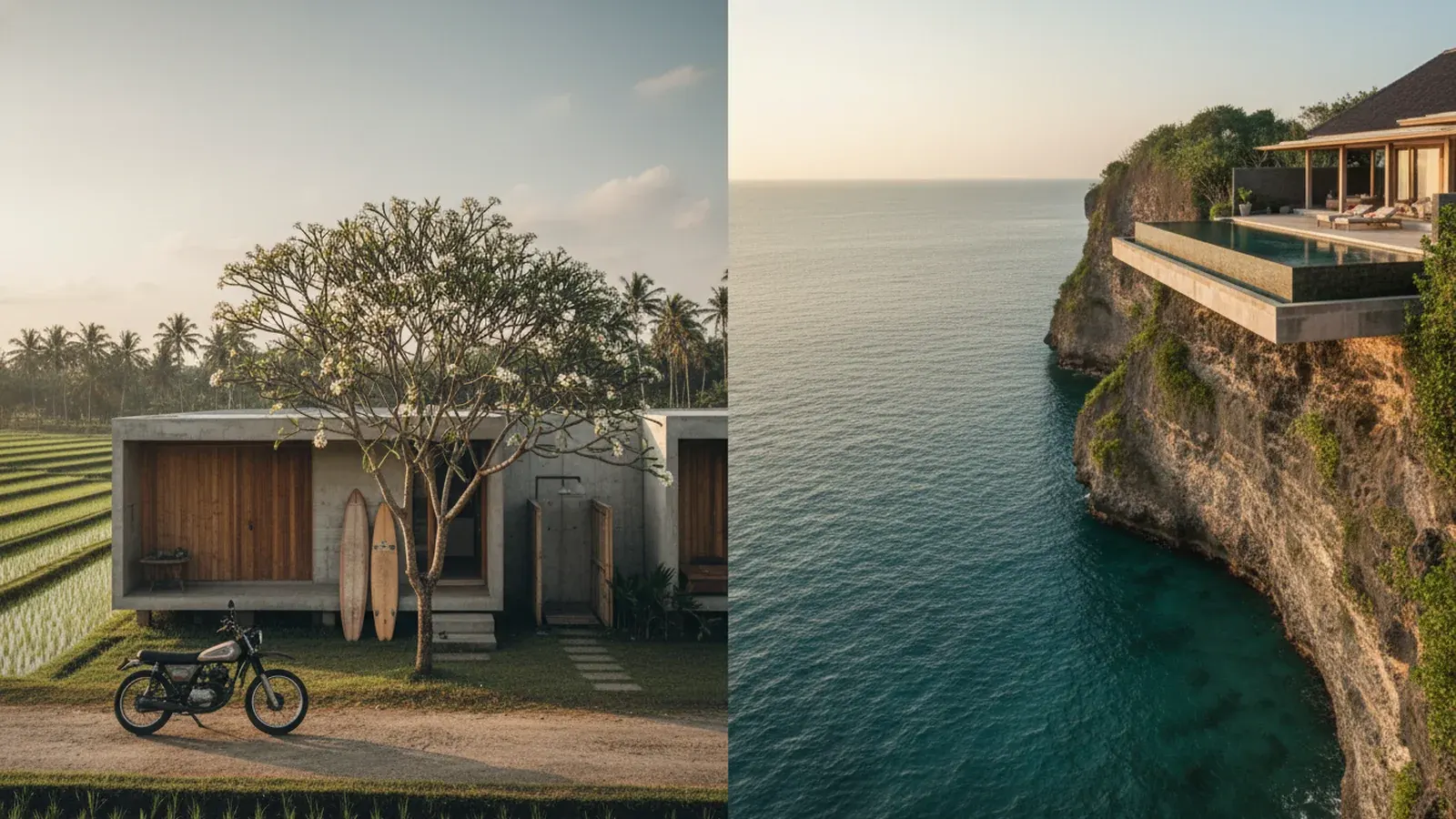 Editorial split composition of Canggu rice-paddy villa and Uluwatu clifftop villa at golden hour