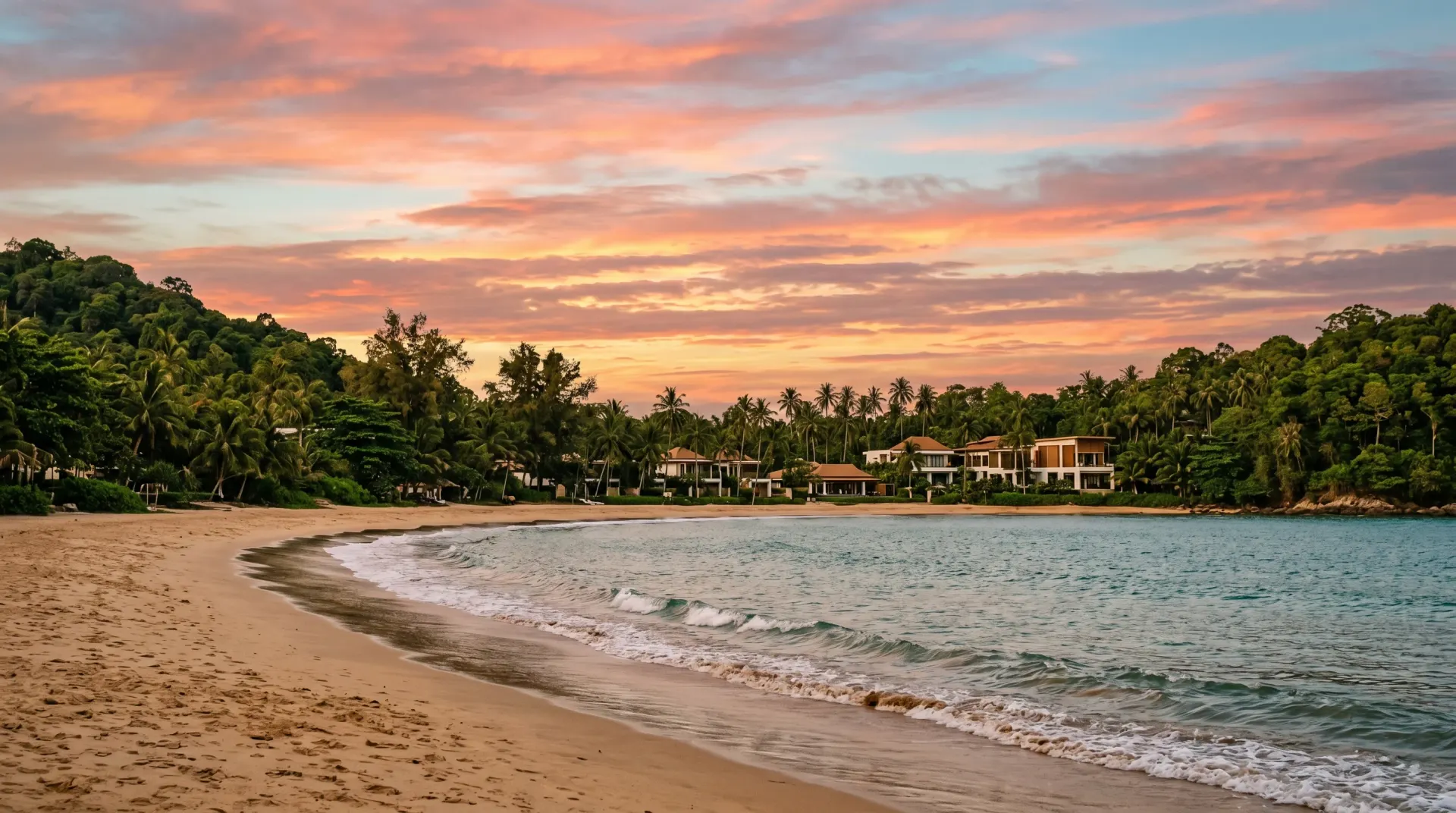 Editorial photograph of Kamala Beach Phuket at sunset with green headlands and warm light on the Andaman Sea