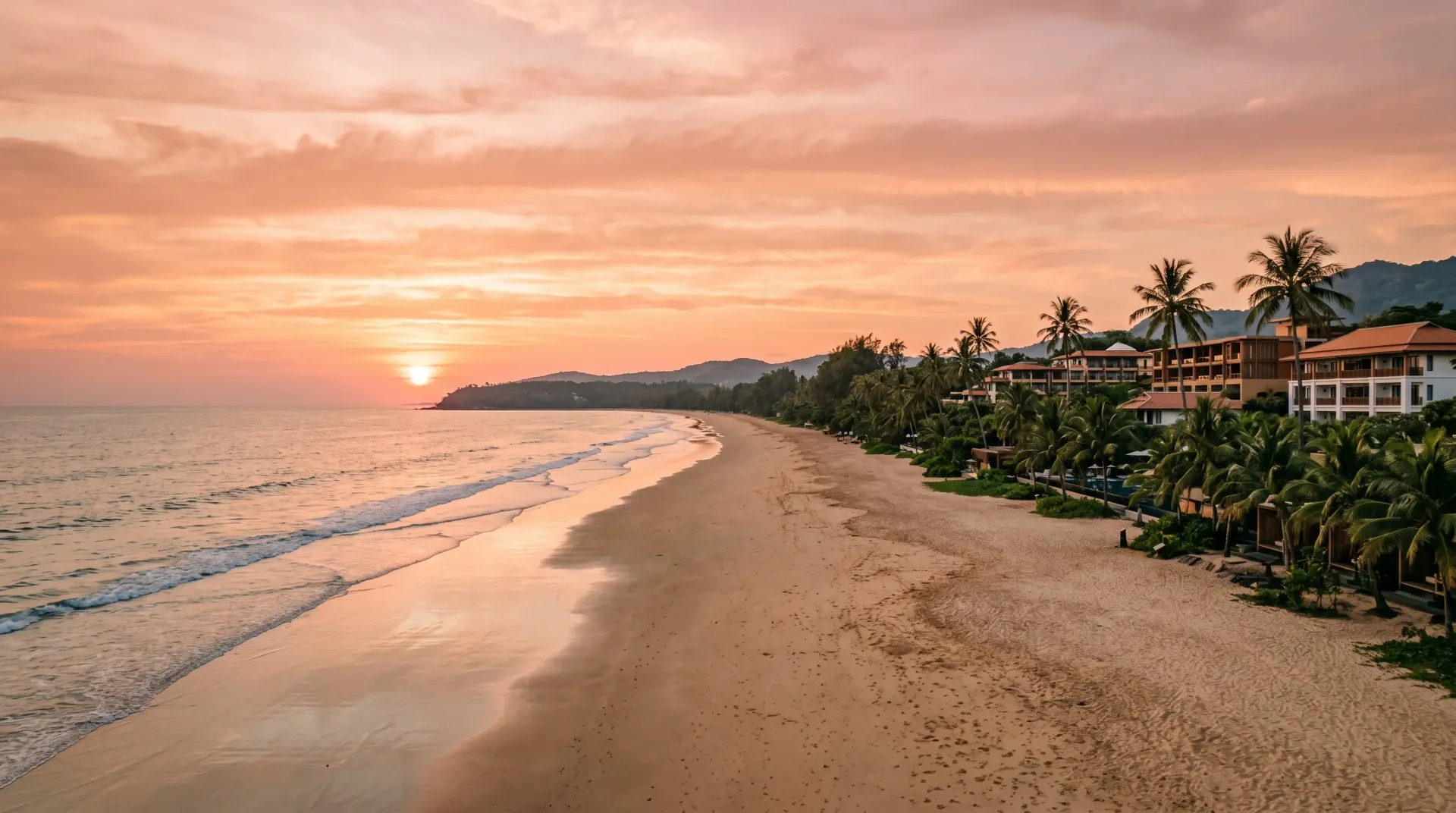 Editorial photograph of Karon Beach Phuket at sunset with long sandy beach and palm-lined back of beach