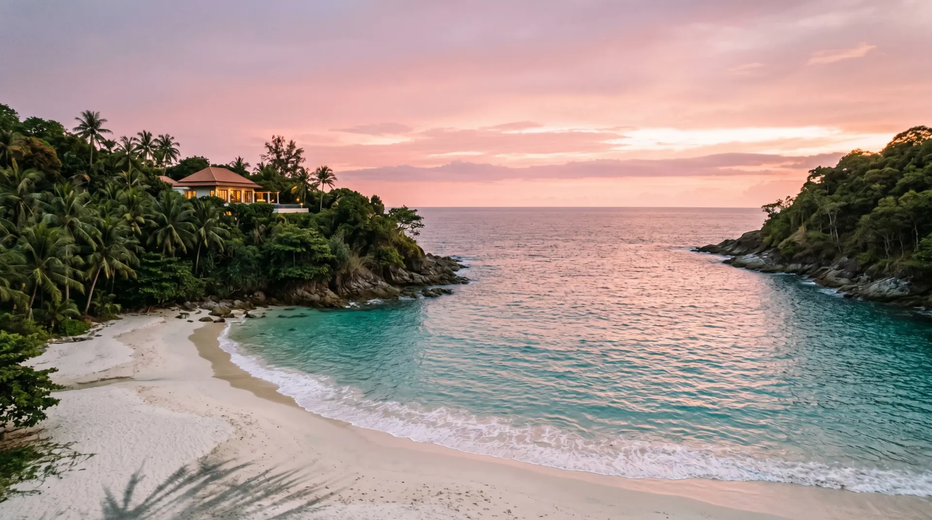 Editorial photograph of Layan Beach Phuket at sunset with the Andaman Sea and a clifftop villa visible