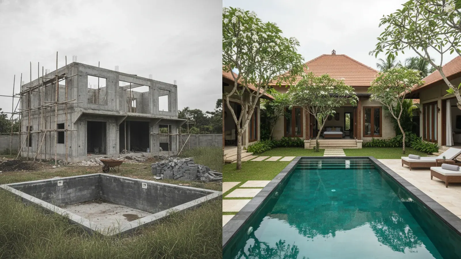 Editorial diptych illustrating off-plan vs ready-built Bali villa decision