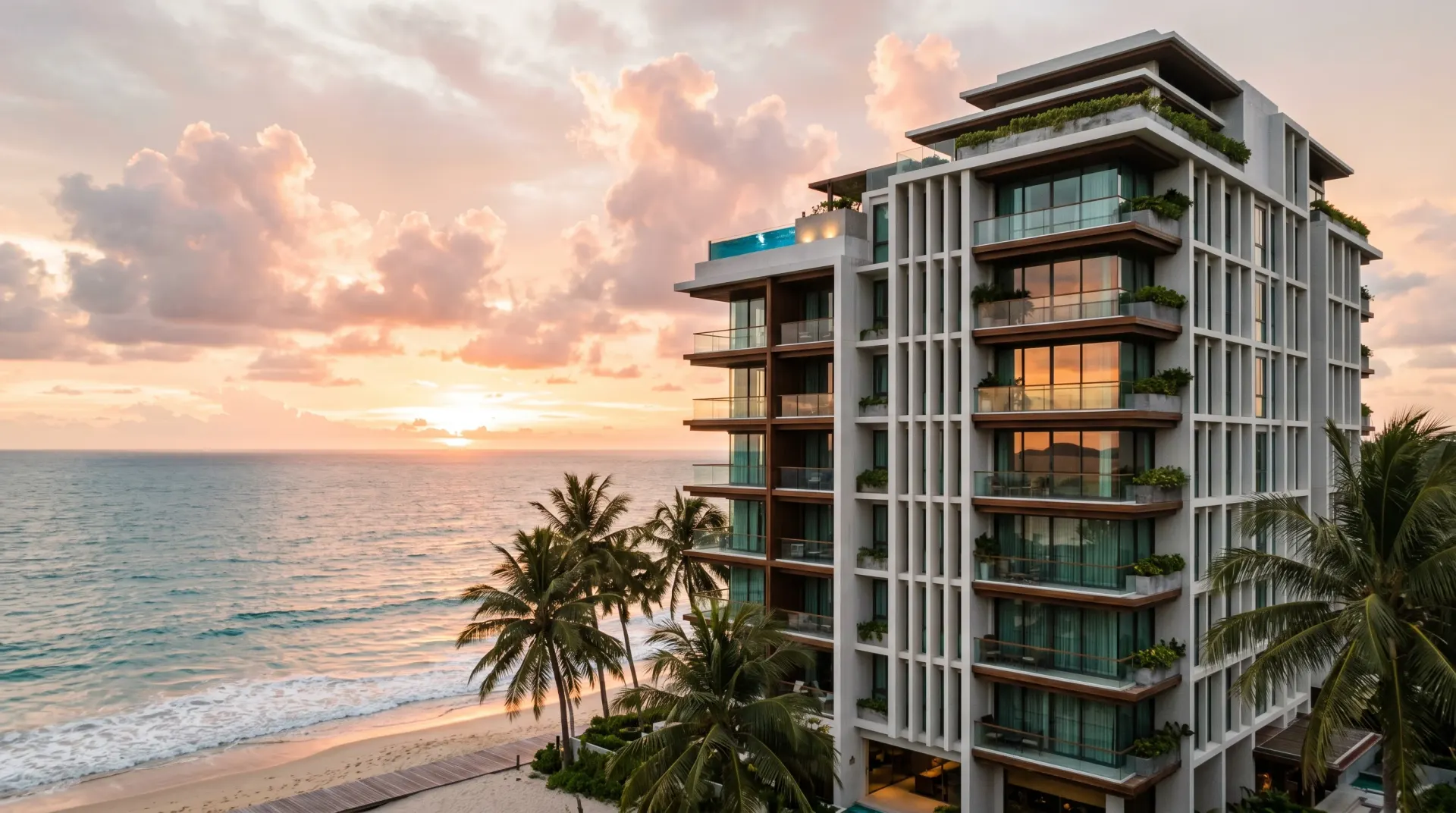 Editorial photograph of a Phuket beachfront condominium tower at golden hour with the Andaman Sea behind