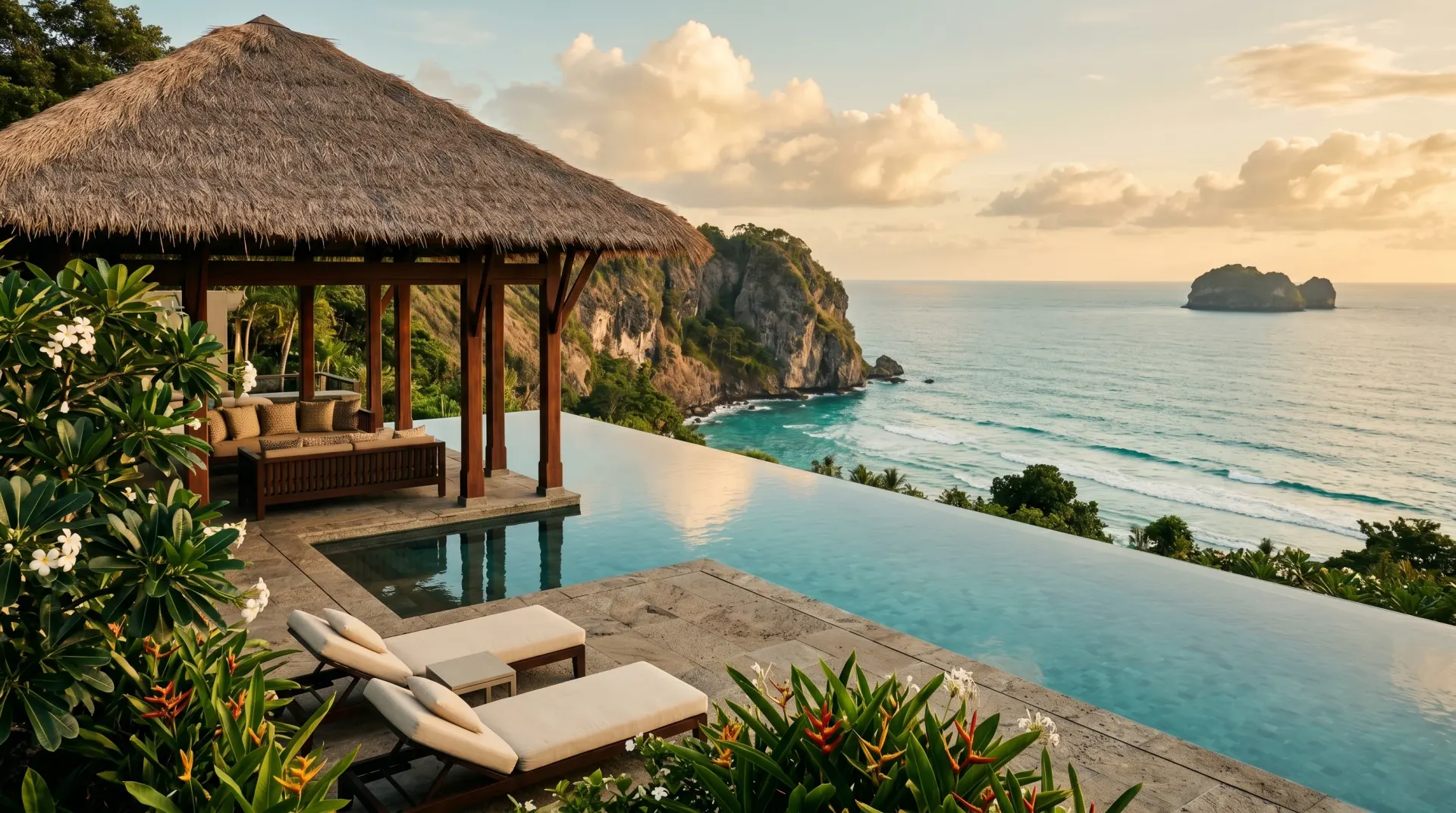Editorial wide-angle photograph of a Phuket clifftop villa at golden hour with infinity pool merging into the Andaman Sea