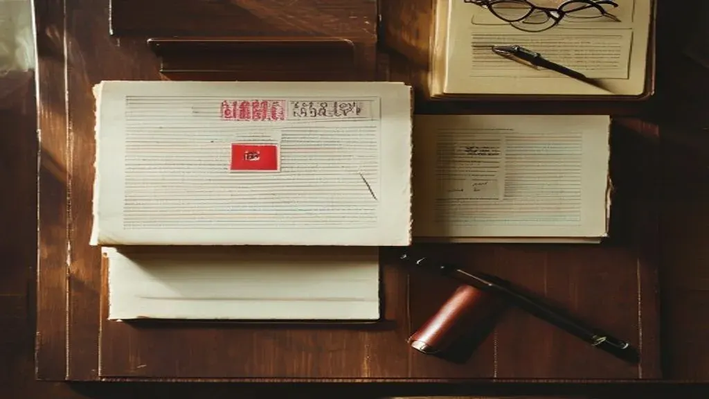 Editorial desk composition with Indonesian legal documents, a brass corporate seal, a fountain pen, and a leasehold certificate in warm natural light
