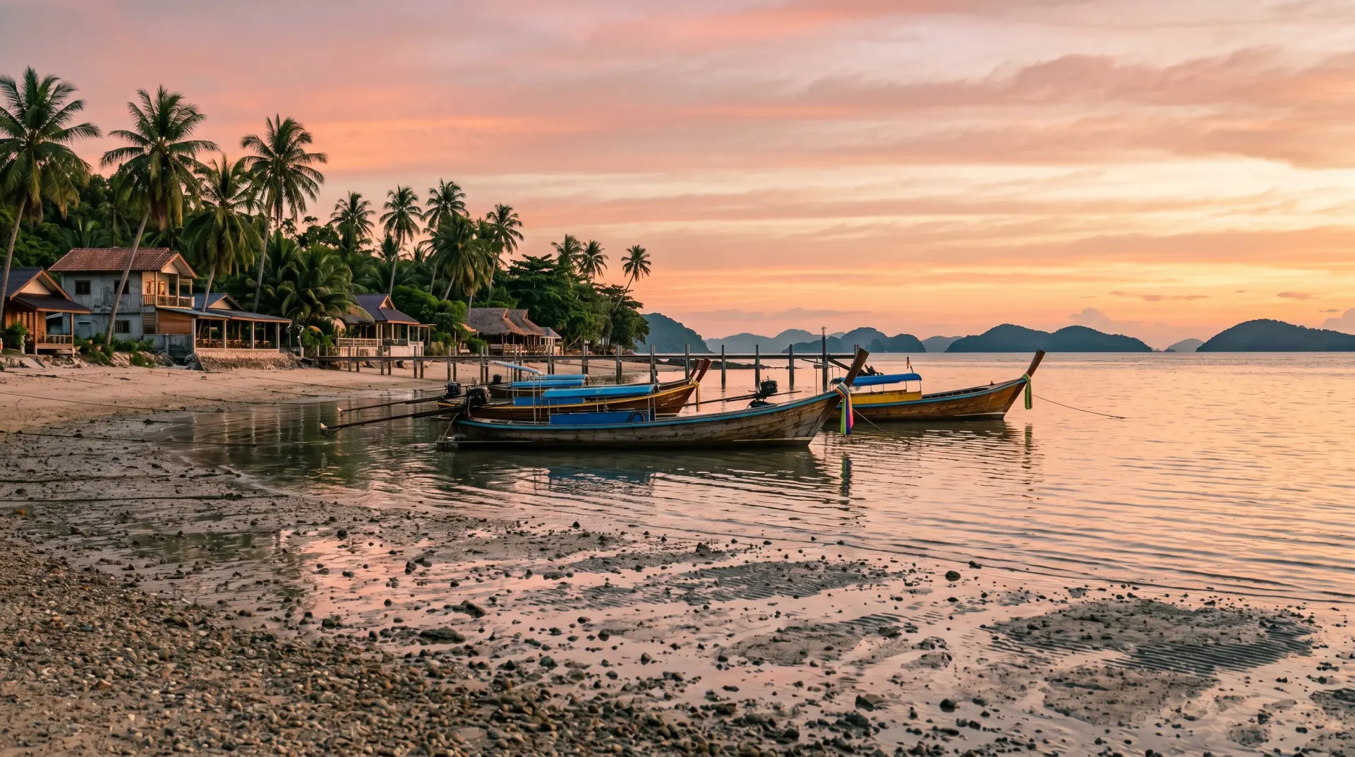 Editorial photograph of Rawai Beach Phuket at sunset with longtail boats and palm-lined back of beach