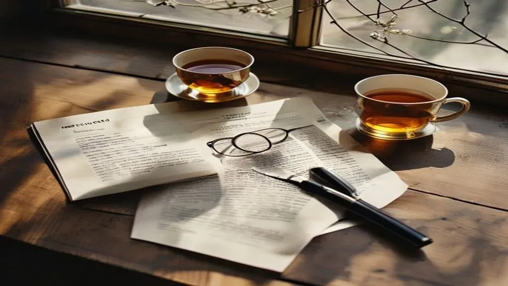 Editorial desk composition with a market report open on a brass-edged wooden desk, reading glasses, a cup of steeped tea, and spring morning light