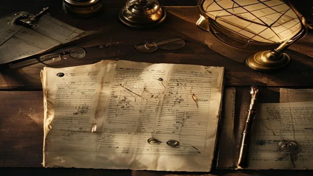 Editorial still life with an open archival ledger, a Bali map, reading glasses, and a brass lamp casting warm light