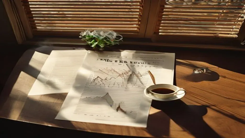 Editorial still life with year-end ledger, Bali market chart prints, a cup of coffee, and window light in late afternoon