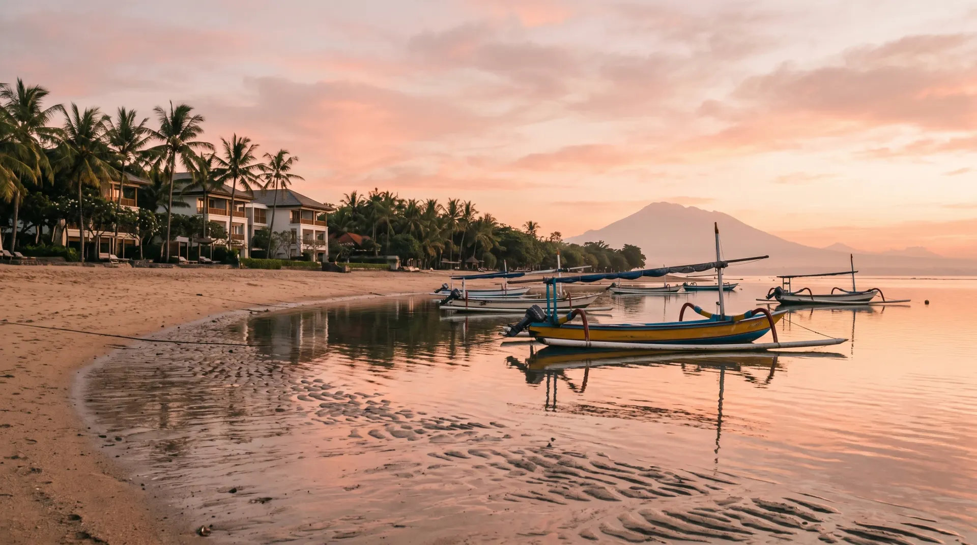 Editorial photograph of Sanur Bali calm beach at sunrise with traditional jukung boats and palm trees