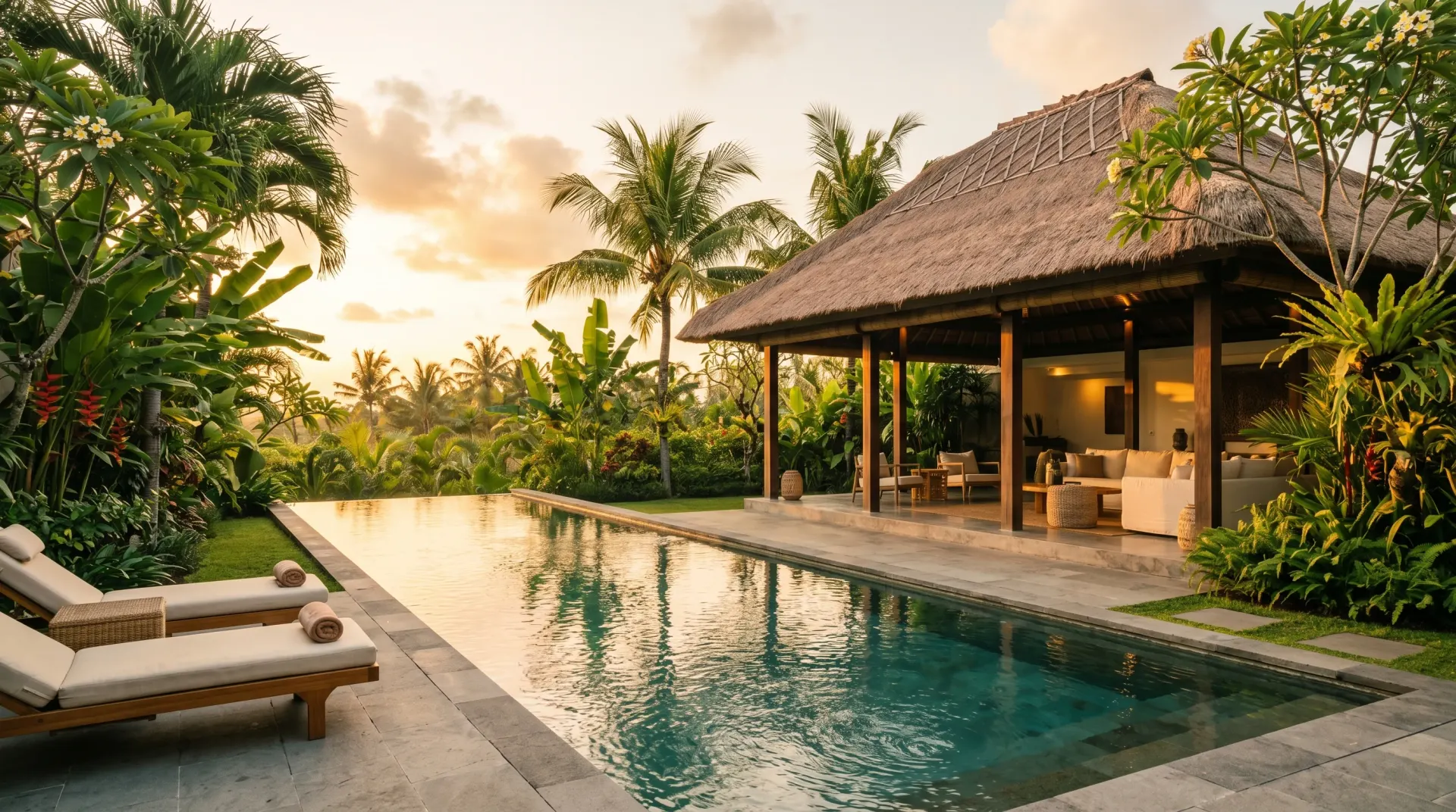 Editorial photograph of a Seminyak villa with private pool surrounded by tropical landscaping at golden hour