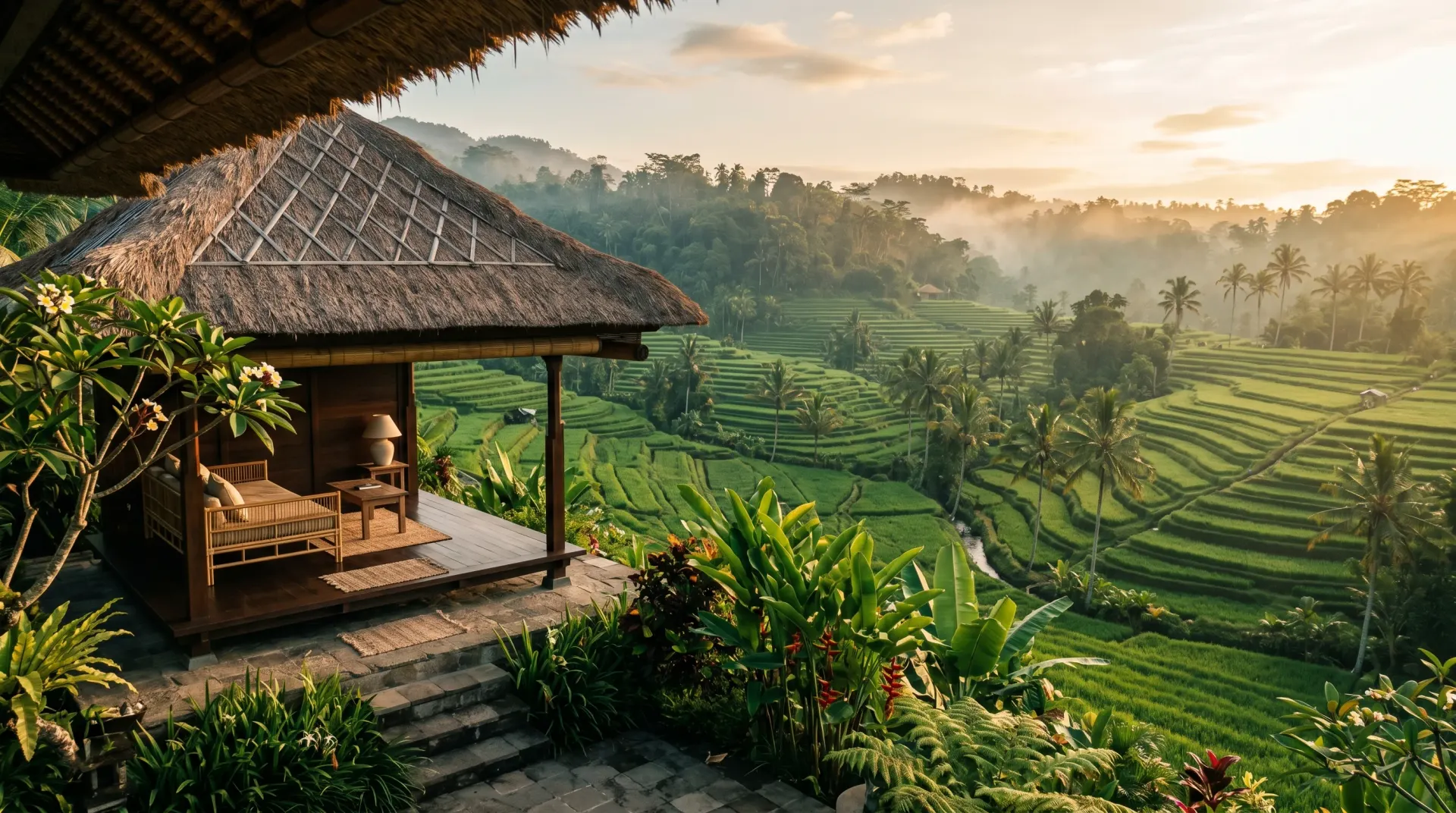 Editorial photograph of an Ubud Bali villa pavilion overlooking rice terraces at golden hour