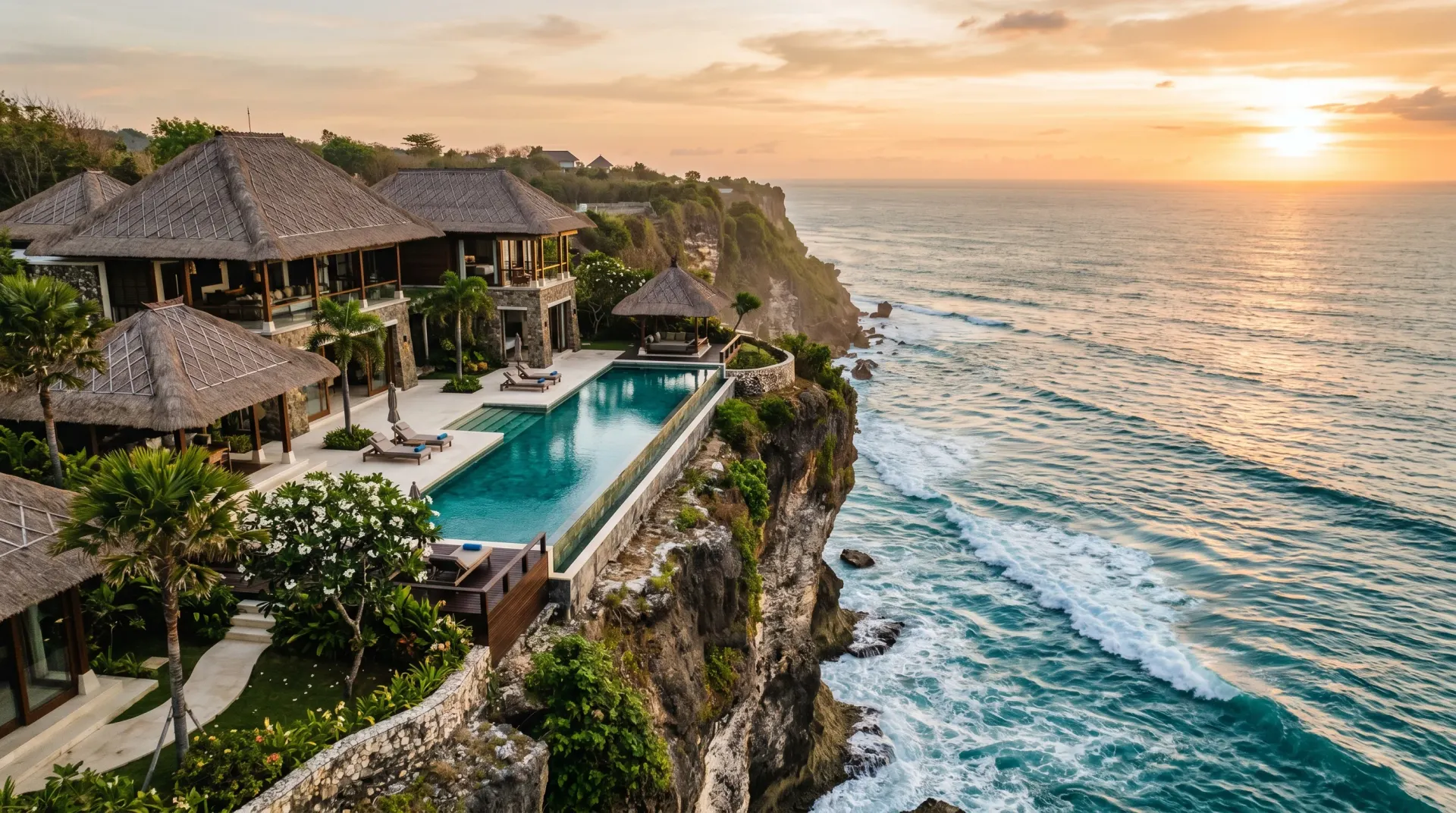 Editorial aerial photograph of Uluwatu Bali clifftop villa at golden hour with limestone cliff and Indian Ocean below