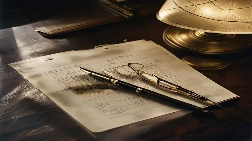 Editorial overhead still life of a bound year-end report on a wood desk with fountain pen, reading glasses, and a small Bali map inset
