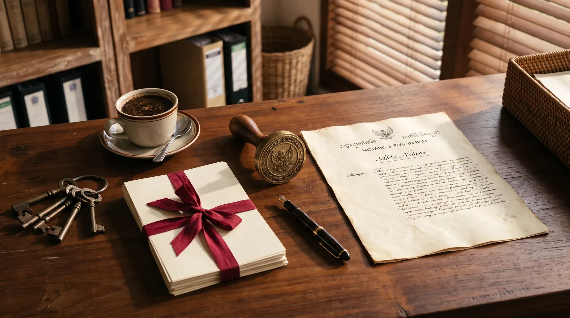 Editorial photograph of an Indonesian notarial deed, brass embossing seal, and signing pen on a dark teak desk illustrating AJB Hak Sewa signing process for Bali leasehold property
