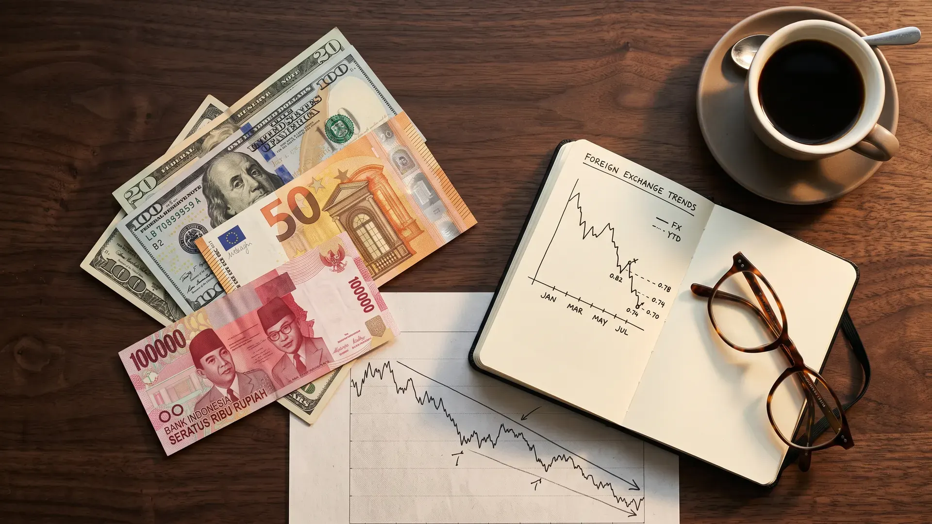 Editorialfotografie ausländischer Banknoten (USD, EUR, IDR), neben einem Grundriss einer Bali-Villa und einem ausgedruckten FX-Kurschart geschichtet – Währungsabsicherungs-Framework für ausländische Bali-Immobilieninvestoren